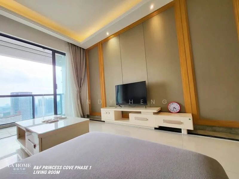 Living features: floor-to-ceiling windows, grey upholstered sofa, white coffee table, wall-mounted TV, white TV console, decorative wall paneling, marble flooring, wood accent wall, city view, clock on console; style: modern; view: city.