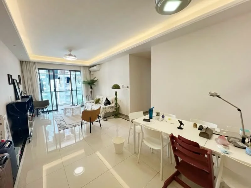 Living features: white painted walls, glossy tile flooring, recessed downlights, 5-blade ceiling fan with light, floor-to-ceiling windows, sliding glass door, sheer curtains, sofa with cushions, coffee table, dining table with chairs, decorative plant, TV console, area rug with geometric pattern; style: modern; view: city.