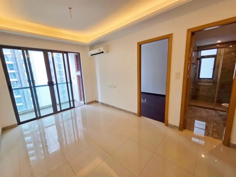 Living features: glossy ceramic tile flooring, white painted walls, recessed downlights, floor-to-ceiling windows, sliding glass door, air conditioning unit, crown moulding, balcony access, neutral color scheme; style: modern; view: city. Room features: white painted walls, dark wood flooring, doorway leading to bathroom, doorway leading to another room.
