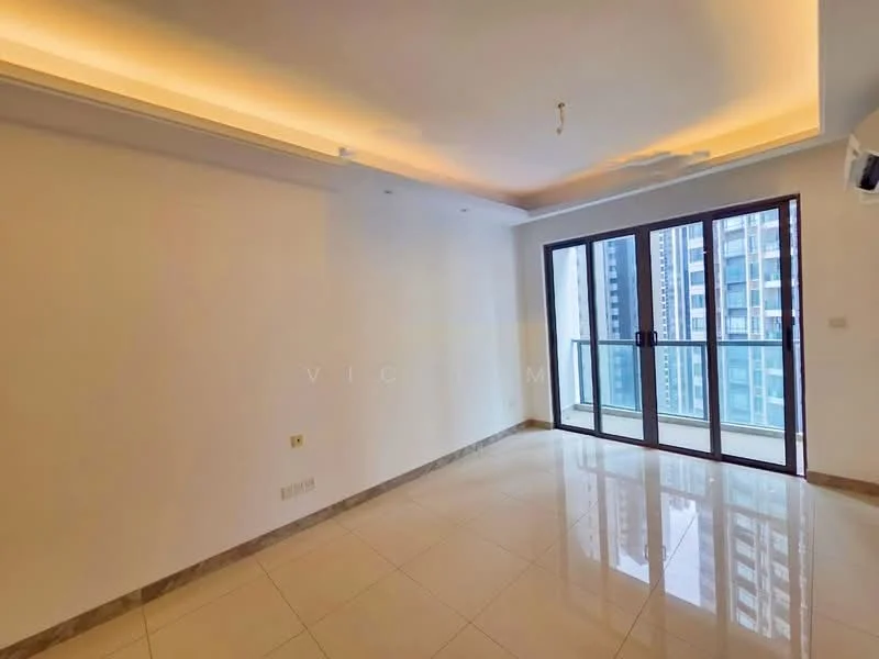 Living features: white painted walls, marble tile flooring, tray ceiling with recessed lighting, floor-to-ceiling windows, sliding glass door, balcony access, air conditioning unit; style: modern; view: city.