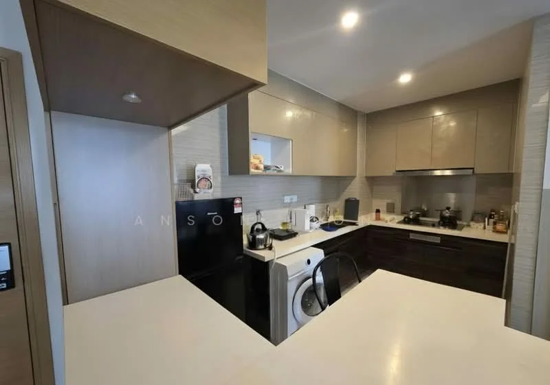 Kitchen features: white quartz countertop, dark wood cabinetry, stainless-steel sink, chrome pull-down faucet, built-in oven, black refrigerator, front-load washing machine, ceramic tile backsplash, recessed downlights, open shelving, kitchen island with seating, microwave, kettle; style: modern.