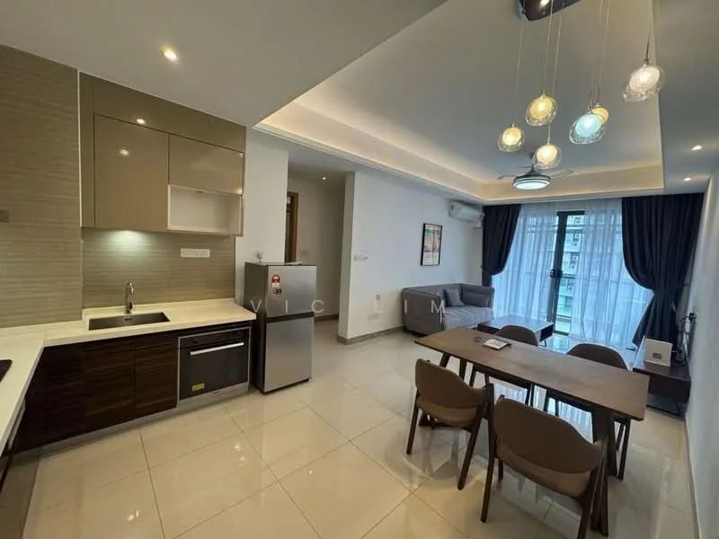 Kitchen features: single-bowl stainless-steel sink, chrome pull-down faucet, laminate countertop, white upper cabinets, dark wood lower cabinets, built-in oven, stainless-steel fridge, ceramic tile flooring, recessed downlights, open shelving, wall-mounted air conditioning unit; style: modern. Living features: 3-seater fabric sofa in grey, wood dining table for 6, upholstered dining chairs, floor-to-ceiling windows, sheer curtains, LED ceiling light, wall-mounted TV, ceramic tile flooring; style: modern.