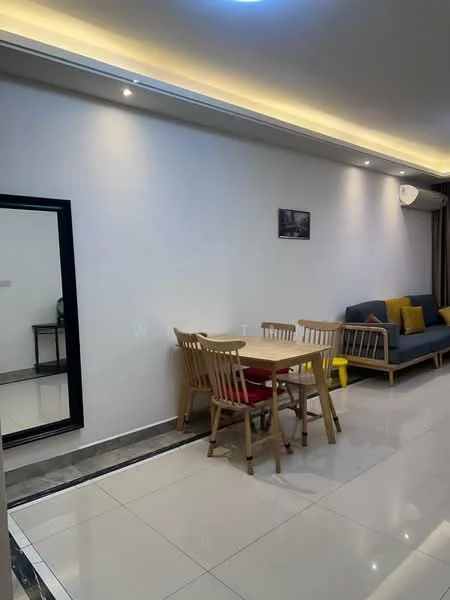 Dining features: dining table with wooden legs, 4 wooden dining chairs, white painted walls, recessed downlights, grey tiled flooring, sofa in grey fabric, yellow and grey cushions, wall-mounted air conditioning unit, framed artwork on wall, mirror on wall, decorative wall paneling; style: modern.