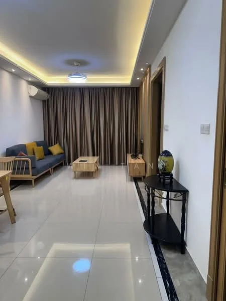 Living features: grey fabric sofa, yellow accent cushions, wooden coffee table, black side table, white walls, recessed LED downlights, curtains in brown, marble tile flooring, wall-mounted air conditioning unit, decorative vase on side table; style: modern.