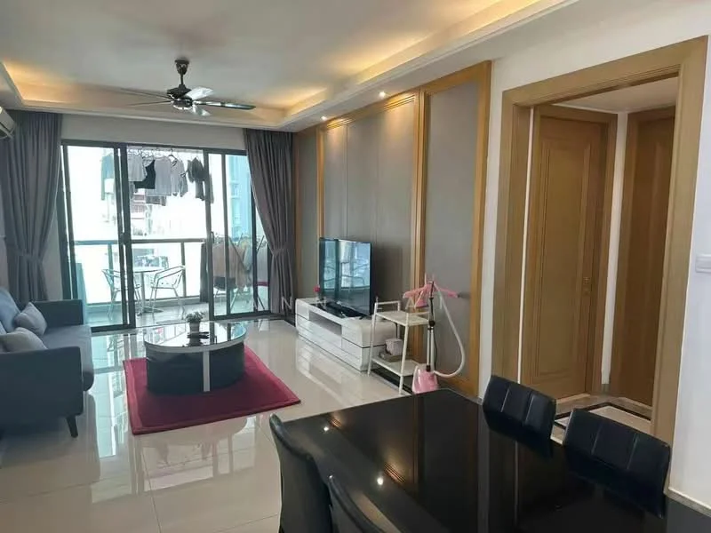 Living features: 3-seater fabric sofa in grey, coffee table with circular design, TV console with white finish, wall-mounted TV, floor-to-ceiling windows, curtains in grey, ceiling fan with light, recessed downlights, decorative wall paneling, marble tile flooring; style: modern; view: city. Dining features: 6-seater dining table, black dining chairs, open shelving unit, decorative items on shelving; style: modern. Balcony features: glass railing, outdoor chairs, clothes drying rack; view: city.