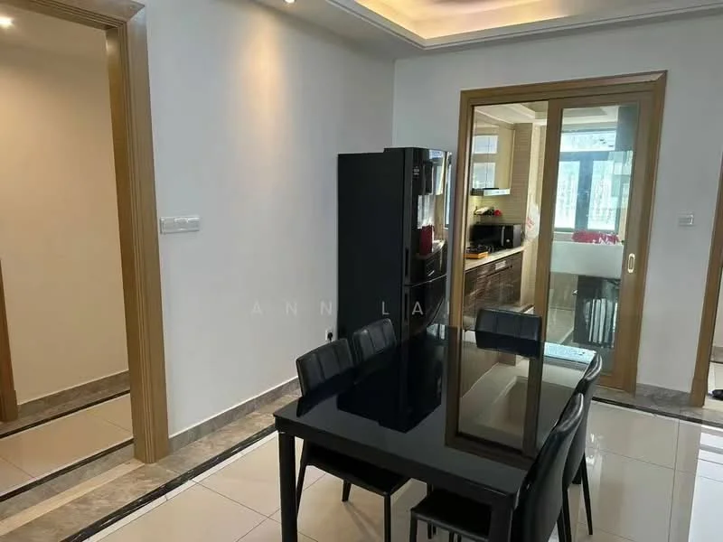 Dining features: black dining table, 4 black dining chairs, white walls, recessed downlights, marble tile flooring, glass sliding door, kitchen visible in background, wooden door frame, decorative ceiling with cove lighting; style: modern. Room features: white walls, marble tile flooring, wooden door frame.