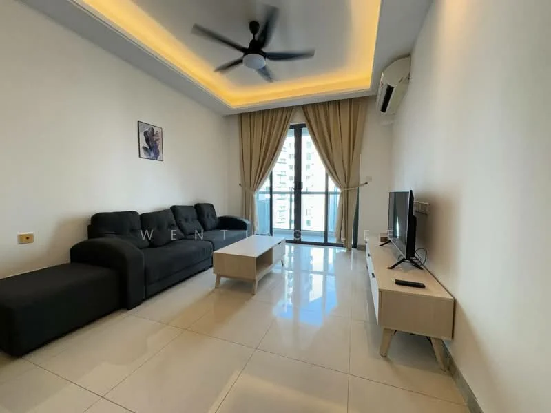 Living features: 3-seater fabric sofa in black, coffee table, TV console, wall-mounted TV, floor-to-ceiling windows, curtains, recessed LED downlights, ceiling fan, polished ceramic tile flooring, white painted walls, air conditioning unit; style: modern; view: city.
