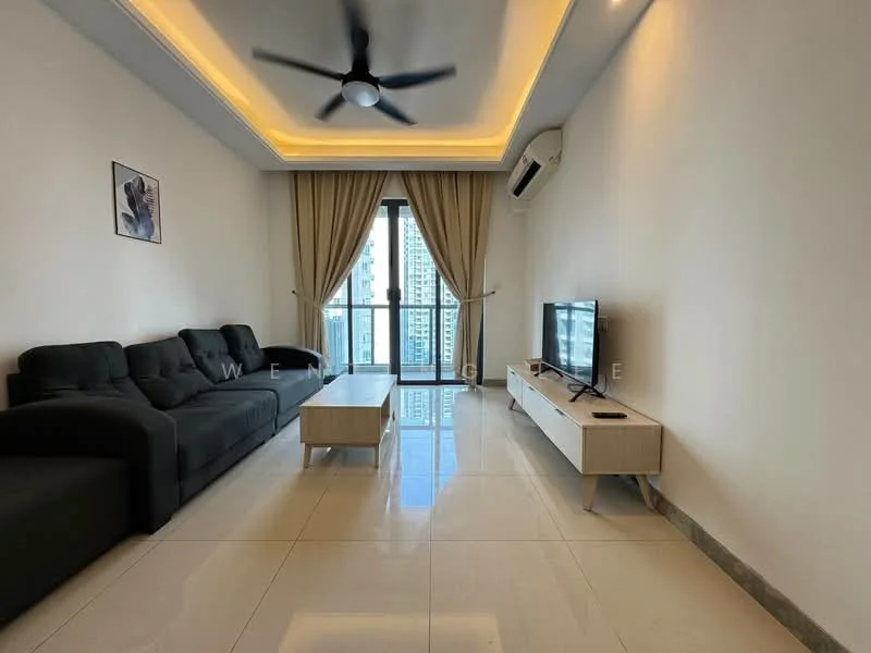 Living features: 3-seater fabric sofa in black, coffee table, TV console, wall-mounted TV, floor-to-ceiling windows, curtains, recessed downlights, ceiling fan with light, polished tile flooring, white painted walls, air conditioning unit; style: modern; view: city.