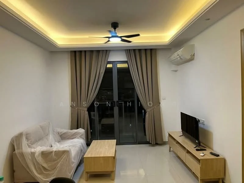 Living features: white painted walls, glossy tile flooring, tray ceiling with LED lighting, 5-blade ceiling fan with light, floor-to-ceiling windows, sheer curtains, beige fabric sofa, wooden coffee table, wooden TV console, wall-mounted TV, air conditioning unit; style: modern; view: city.