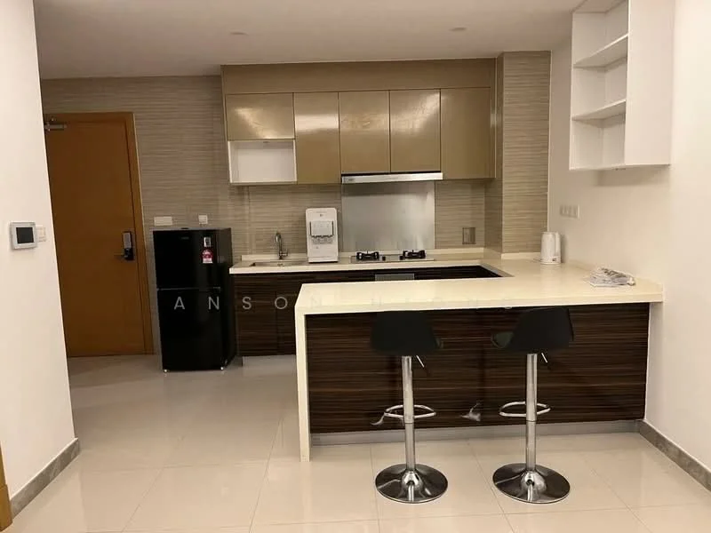 Kitchen features: white quartz countertop, brown laminate cabinetry, stainless-steel sink, chrome pull-down faucet, built-in gas hob, stainless-steel range hood, black refrigerator, bar stools, wall-mounted cabinets, tile backsplash, ceramic tile flooring, recessed downlights; style: modern.