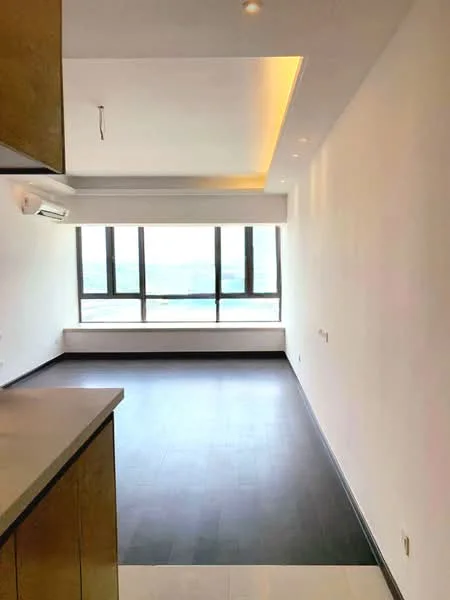 Living features: white painted walls, dark wood flooring, recessed downlights, floor-to-ceiling windows, window seat, wall-mounted split AC; style: modern; view: city.