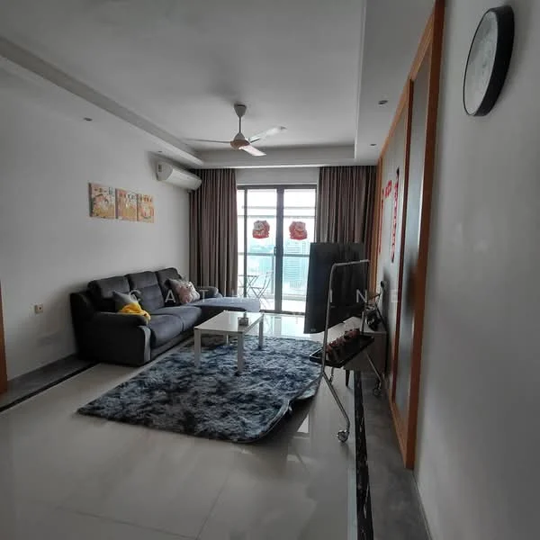 Living features: 3-seater fabric sofa in grey, coffee table, area rug with geometric pattern, wall-mounted TV, floor-to-ceiling windows, sliding glass door, curtains, ceiling fan, decorative wall art, wall clock, white painted walls, polished tile flooring; style: modern; view: city.