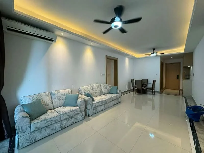 Living features: 2-seater fabric sofa with floral pattern, 2-seater fabric sofa in light color, ceiling fan with integrated LED light, recessed lighting, white painted walls, glossy tile flooring, air conditioning unit, dining table for 4, floor-to-ceiling windows with dark curtains; style: modern.