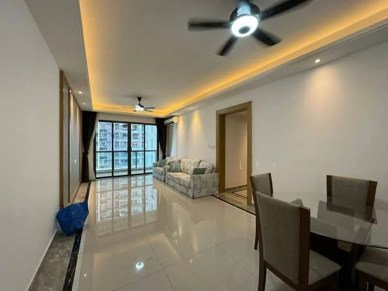 Living features: white painted walls, marble tile flooring, tray ceiling with recessed lighting, 2 ceiling fans, floor-to-ceiling windows, sliding glass door, grey fabric sofa, dining table for 4, dining chairs, curtains, decorative wall, area rug; style: modern; view: city.