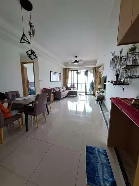 Living features: 3-seater fabric sofa in grey, 2-seater fabric sofa, coffee table, wall-mounted TV, ceiling fan, large sliding glass door, floor-to-ceiling windows, curtains, decorative wall shelf, area rug, dining table with 4 upholstered chairs, tile flooring, white painted walls; style: modern; view: city.