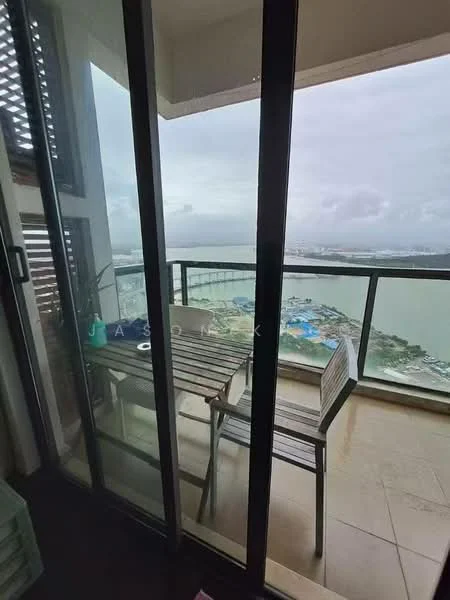 Balcony features: glass sliding door, wooden dining table, two wooden chairs, tile flooring, city view, railing with vertical slats, potted plant; style: modern; view: city.