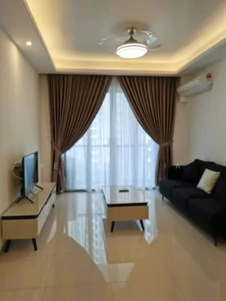 Living features: 3-seater fabric sofa in dark blue, coffee table with white top and black legs, wall-mounted TV, TV console with white finish, floor-to-ceiling windows, sheer curtains, blackout curtains, recessed downlights, ceiling fan with light, glossy tile flooring, decorative wall paneling, air conditioning unit; style: modern; view: city.