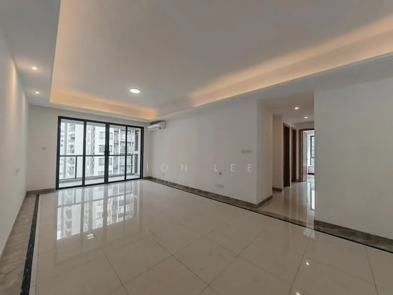 Living features: white painted walls, marble tile flooring, recessed downlights, floor-to-ceiling windows, sliding glass door, air conditioning unit, crown moulding, neutral color palette; style: modern; view: city.