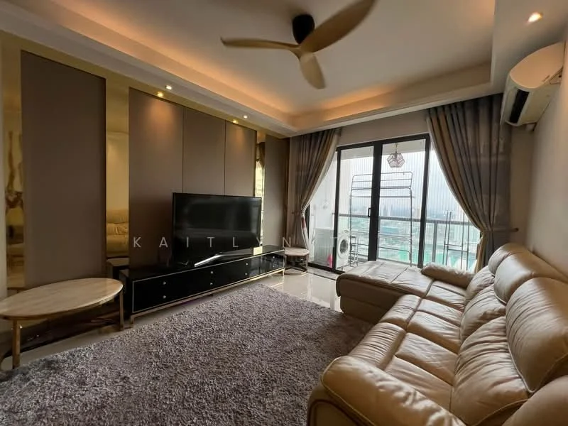 Living features: 3-seater leather sofa in beige, coffee table, wall-mounted TV, TV console with storage, floor-to-ceiling windows, sliding glass door, sheer curtains, recessed downlights, ceiling fan, area rug with plush texture, decorative wall panels, balcony view; style: modern; view: city.