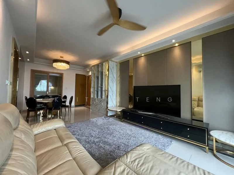 Living features: beige leather sofa, area rug in grey, wall-mounted TV, black TV console, chandelier, 5-blade ceiling fan, recessed downlights, decorative wall panels, sliding glass door, dining table with black chairs, grey accent wall, white painted walls, large windows with city view; style: modern; view: city.