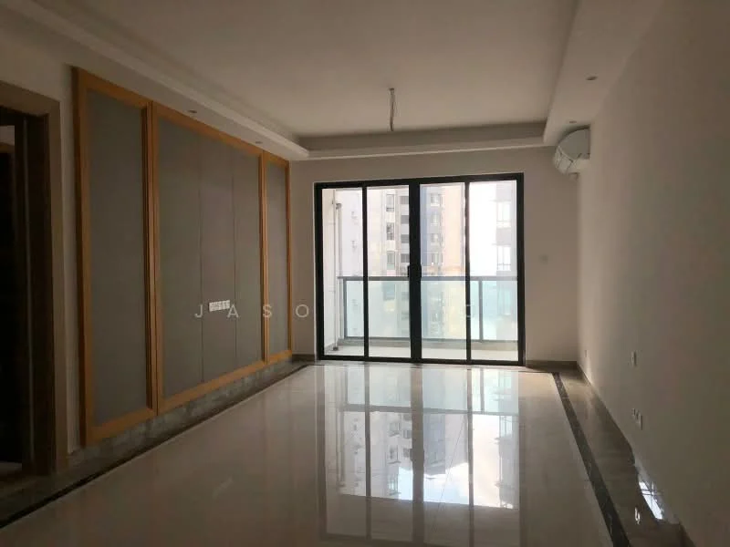 Living features: white painted walls, marble flooring, floor-to-ceiling windows, sliding glass door, built-in cabinetry with wood finish, recessed downlights, air conditioning unit, neutral color palette; style: modern; view: city.