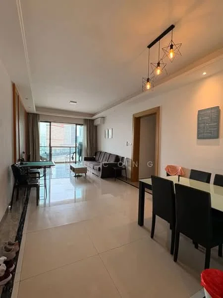 Living features: cream painted walls, white ceiling, recessed downlights, 5-blade ceiling fan, large sliding glass door, floor-to-ceiling windows, grey sofa, black dining table with 6 chairs, tile flooring, area rug, decorative wall art, curtains, open layout, coffee table; style: modern; view: city.