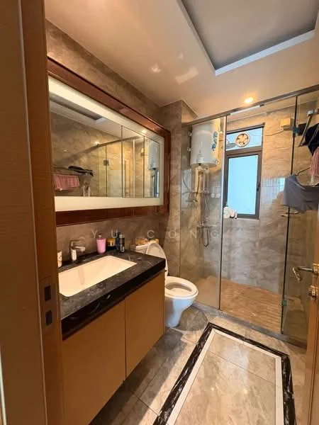 Bathroom features: single-sink vanity with wood cabinet, black marble countertop, framed mirror, glass shower enclosure, rain shower head, handheld shower, toilet, tile cladding on walls, ceramic tile flooring, wall-mounted water heater; style: modern.