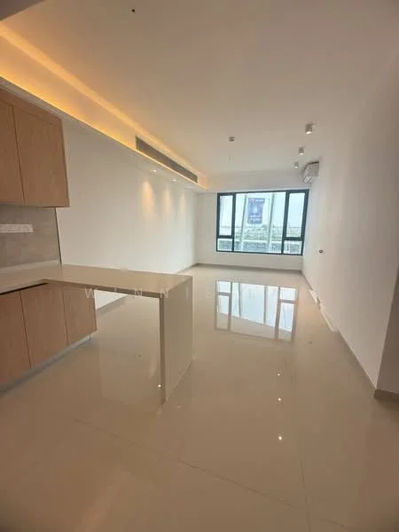 Living features: white painted walls, glossy ceramic tile flooring, recessed downlights, floor-to-ceiling windows, air conditioning unit, kitchen island, wood cabinetry, open layout; style: modern; view: city.