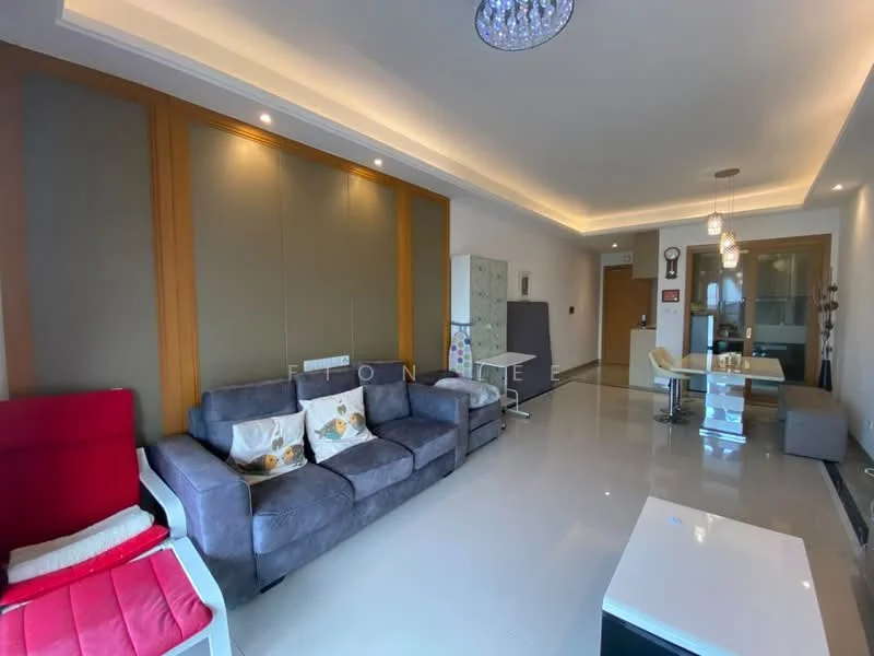 Living features: grey fabric sofa, decorative cushions, white coffee table, wall-mounted TV, recessed lighting, ceiling with LED strip lighting, cream tiled flooring, wood panel accent wall, glass dining table with chairs, fridge, open layout, wall-mounted light fixtures; style: modern.
