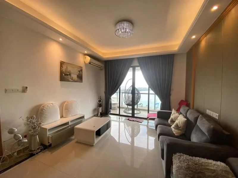 Living features: grey fabric sofa, white coffee table, chandelier, recessed downlights, floor-to-ceiling windows, curtains, decorative wall paneling, wall-mounted air conditioning unit, area rug, hanging chair, framed artwork, tile flooring; style: modern; view: city.