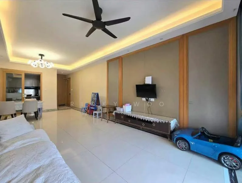 Living features: white walls, tray ceiling with recessed lighting, large floor tiles, ceiling fan, wall-mounted TV, wooden console table, decorative lace tablecloth, children's toy car, dining table with chairs, open layout, natural light from windows; style: modern.