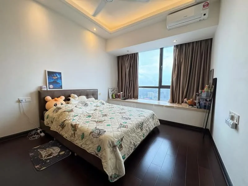 Bedroom features: king-size bed with patterned quilt, upholstered headboard, floor-to-ceiling windows, curtains, wooden flooring, ceiling fan, wall-mounted air conditioning unit, decorative wall art, bedside table, plush toys on bed, decorative items on window ledge; style: modern; view: city.