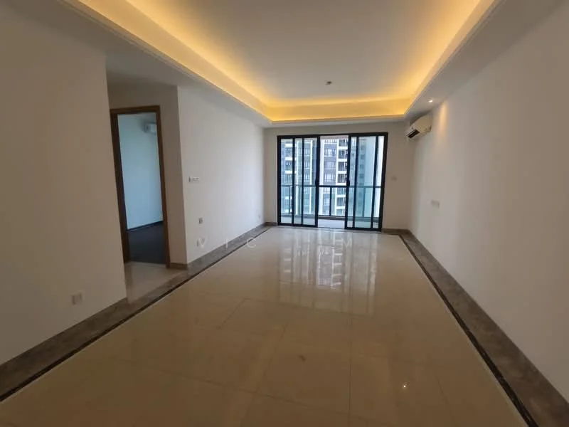 Living features: white painted walls, marble tile flooring, tray ceiling with LED lighting, floor-to-ceiling windows, sliding glass door, air conditioning unit, neutral color scheme, decorative baseboards; style: modern; view: city.