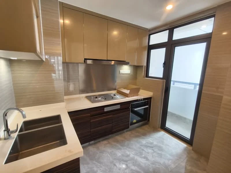 Kitchen features: single-bowl stainless-steel sink, chrome pull-down faucet, granite countertop, brown wooden cabinetry, built-in oven, 4-burner gas hob, stainless-steel range hood, grey marble tile flooring, wall-mounted cabinets, window with natural light, light fixtures, open layout to balcony; style: modern.
