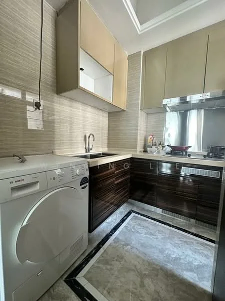 Laundry features: white front-load washing machine, brown wooden cabinetry, cream upper cabinets, stainless-steel sink, chrome pull-down faucet, grey marble tile flooring, wall-mounted range hood, built-in gas hob, backlit mirror, textured wall paneling; style: modern.