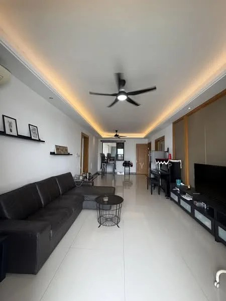 Living features: 3-seater leather sofa in dark grey, coffee table with black metal base, wall-mounted TV, TV console with storage, recessed LED downlights, 5-blade ceiling fan with light, white painted walls, glossy tile flooring, decorative wall shelves, large windows with natural light; style: modern.