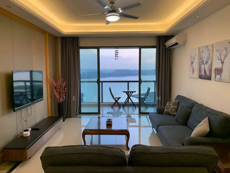 Living features: grey fabric sofa, 3-seater sofa, wood coffee table, wall-mounted TV, TV console, ceiling fan with light, recessed downlights, floor-to-ceiling windows, sliding glass door, decorative wall art, marble flooring, view of the city skyline; style: modern; view: city.