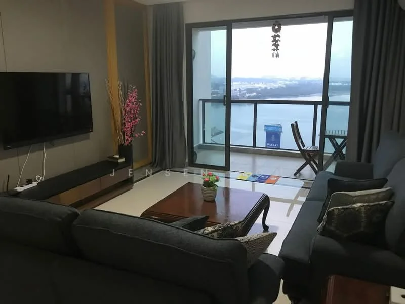 Living features: grey fabric sofa, 3-seater sofa, 2-seater sofa, wood coffee table, TV console, wall-mounted TV, floor-to-ceiling windows, curtains, decorative plant, wooden flooring, view of the city, balcony access; style: modern; view: city.