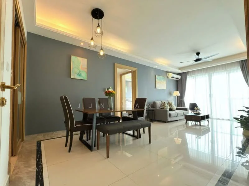 Living features: grey accent wall, white painted walls, marble tile flooring, 5-blade ceiling fan with light, sofa in light grey fabric, glass coffee table, 6-seater dining table, upholstered dining chairs, floor-to-ceiling windows, sheer curtains, decorative plants, wall-mounted air conditioning unit, pendant lighting; style: modern; view: city.