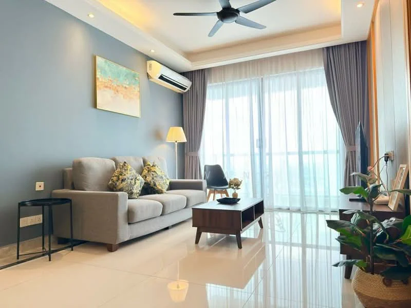 Living features: grey fabric 3-seater sofa, decorative cushions, wooden coffee table, black side table, floor lamp, ceiling fan, wall-mounted TV, plant in ceramic pot, large glass sliding door, curtains, marble tile flooring, blue accent wall, recessed lighting; style: modern; view: city.