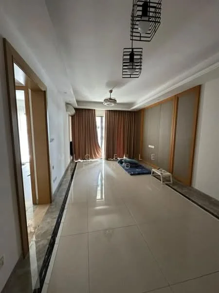 Living features: white painted walls, cream ceiling, marble tile flooring, recessed downlights, ceiling fan with light, large windows with sheer curtains, wall-mounted air conditioning unit, decorative wall paneling, area rug, light fixture with geometric design; style: modern.