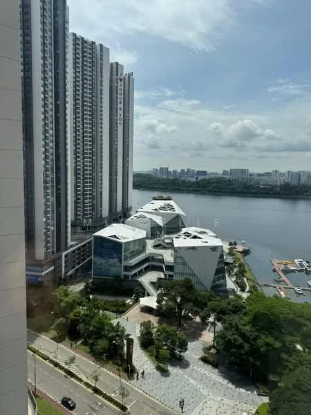 Exterior type: high-rise condominium; features: glass curtain wall, white painted facade, surrounded by mature greenery, waterfront view, adjacent to marina, modern architectural design, multiple levels, landscaped garden area, paved walkway, city skyline in background; style: modern.