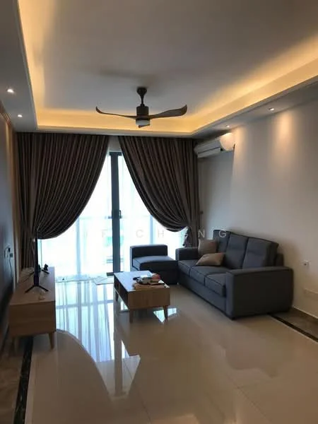 Living features: 3-seater fabric sofa in grey, wooden coffee table, wall-mounted TV, TV console, 5-blade ceiling fan with light, recessed downlights, floor-to-ceiling windows, curtains, polished tile flooring, neutral painted walls, decorative wall paneling; style: modern; view: city.