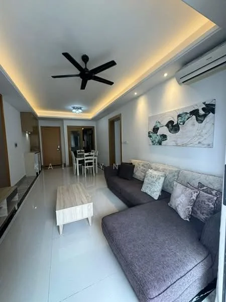 Living features: L-shape sectional sofa in grey, coffee table with light wood finish, wall-mounted TV, recessed LED downlights, 5-blade ceiling fan with light, white painted walls, glossy tile flooring, decorative cushions with various patterns, dining area with table and chairs visible in background, air conditioning unit on wall; style: modern.