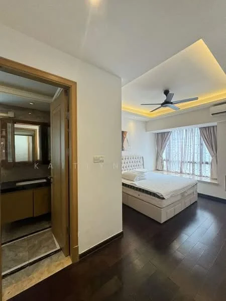 Bedroom features: king-size bed, upholstered headboard, bedside lamps, floor-to-ceiling windows, sheer curtains, wooden flooring, 5-blade ceiling fan with light, recessed lighting, decorative mirror, area rug, built-in wardrobe; style: modern; view: garden. Room features: door leading to bathroom, tile flooring, vanity with sink.