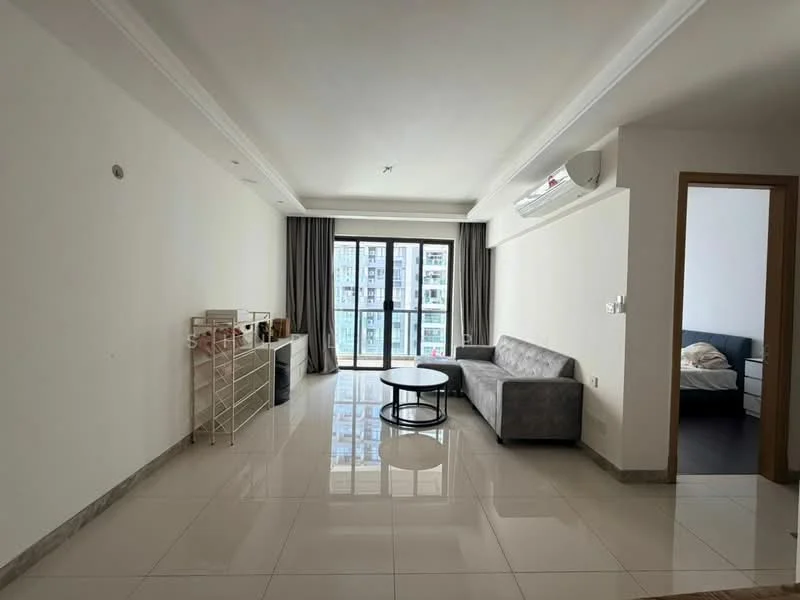 Living features: white painted walls, marble tile flooring, 5-blade ceiling fan, floor-to-ceiling windows, grey fabric sofa, round coffee table, curtains, air conditioning unit, TV console, decorative shelving unit; style: modern; view: city.