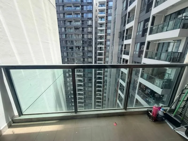 Room features: glass balcony railing, tile flooring, view of adjacent buildings, outdoor space, attached to residential unit; view: city.
