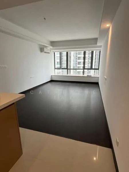 Living features: white painted walls, black vinyl flooring, floor-to-ceiling windows, air conditioning unit, recessed downlights, open layout, natural light from windows; style: modern; view: city.