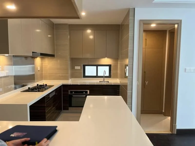 Kitchen features: white quartz countertop, dark wood cabinetry, stainless-steel built-in oven, 4-burner gas hob, stainless-steel range hood, single-bowl stainless-steel sink, chrome pull-down faucet, grey tiled backsplash, recessed downlights, open shelving, floor-to-ceiling cabinets, sliding door to pantry, dark wood flooring; style: modern. Room features: light-colored walls, doorway leading to another room, neutral-toned flooring.