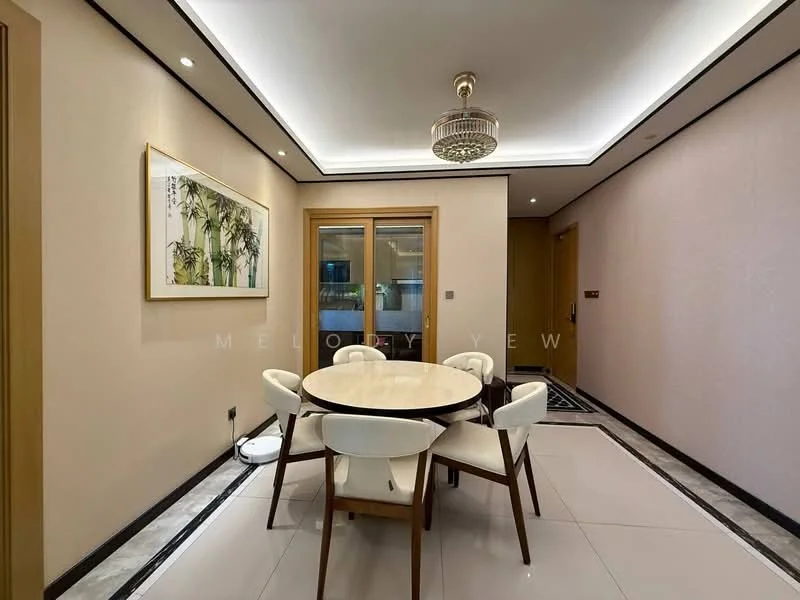 Dining features: round dining table, 4 upholstered dining chairs, chandelier with decorative design, cream painted walls, white ceiling with recessed lighting, large glass sliding door, black and white patterned flooring, framed artwork on wall; style: modern.